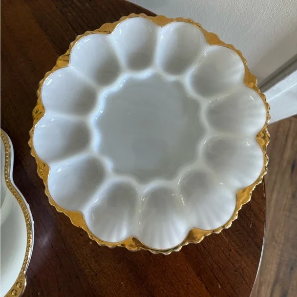 Lot of 2 Anchor Hocking Fire King Milk Glass Deviled Egg Gold Trim + Relish Tray - Picture 3 of 9